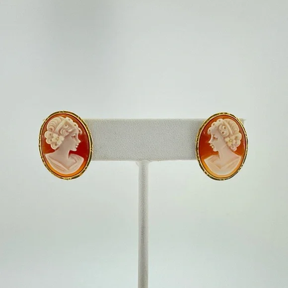 Genuine Cameo & 14K Gold Earrings, Marked 14K 585 and Italy, Hand Carved - Picture 5 of 12